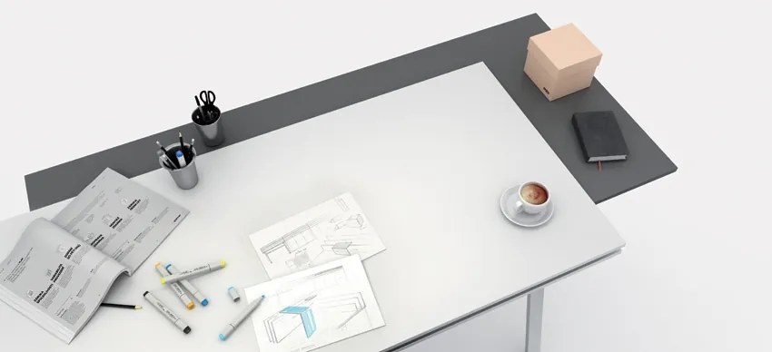 PLAN Kancelársky písací stôl LAYERS, výsuvná prostredná doska, 170 cm, biela/sivá