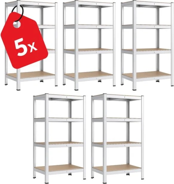 Akcia 5x Regál 180x90x30 cm pozinkovaný 4-policový, nosnosť 700 kg