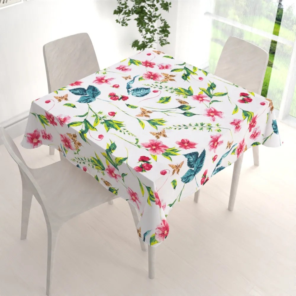 Biante Bavlnený štvorcový obrus Sandra SA-383 Ružovočervené kvety s motýlikmi 90x90 cm