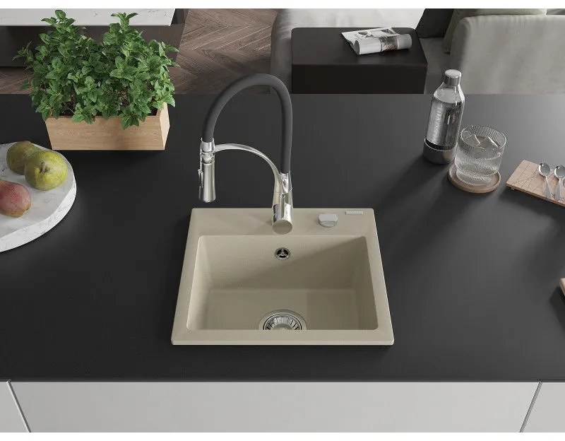 Mexen Milo, 1-komorový granitový drez 435x410x171 mm a drezová batéria Aster, béžová, 6505-69-73450-07