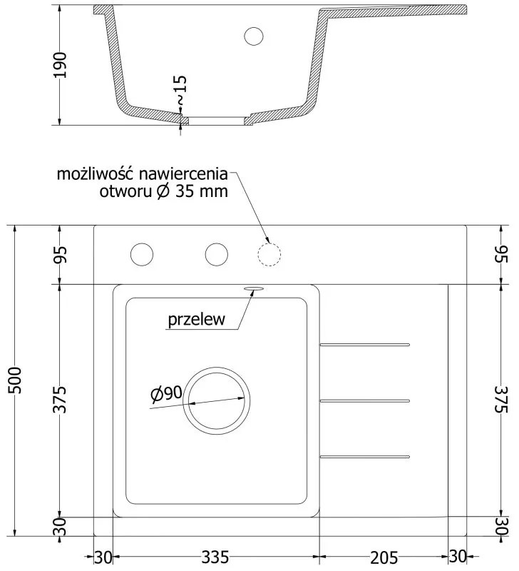 Mexen Ben, 1-komorový granitový drez 600x500x190 mm, ľavý + zlatý sifón, čierna, 6522605000-77-G