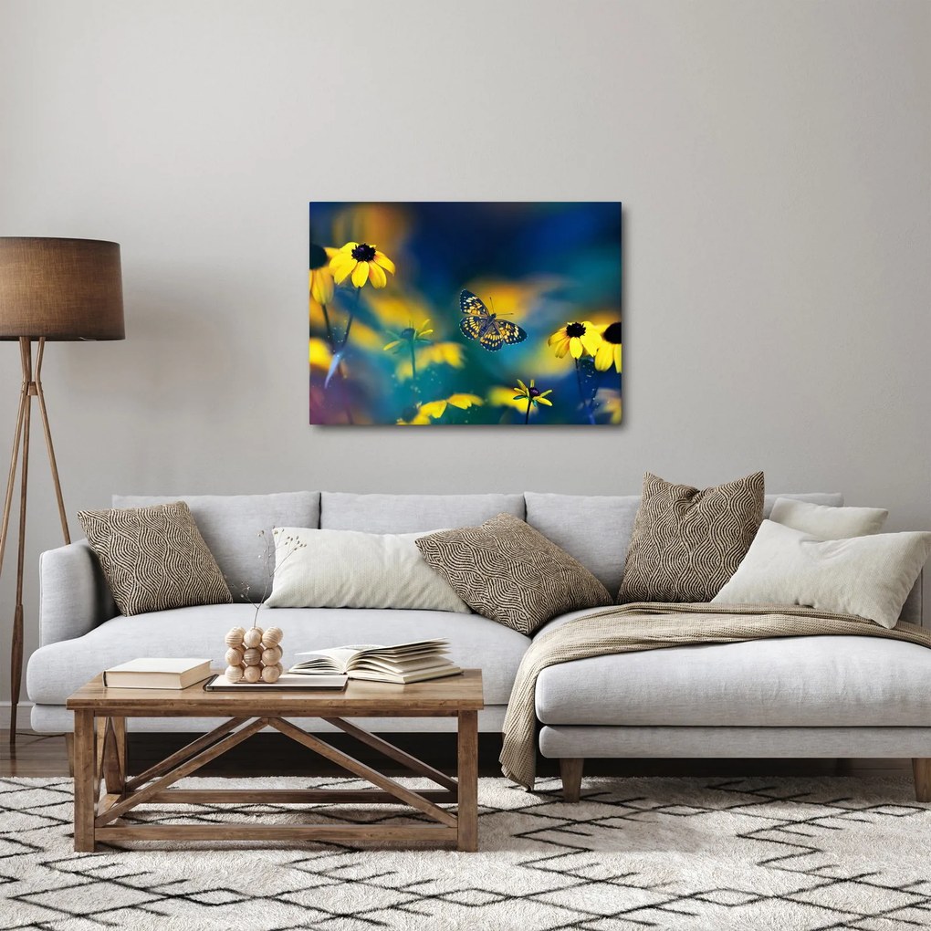 Obraz - Žltý motýľ s kvetmi (70x50 cm)