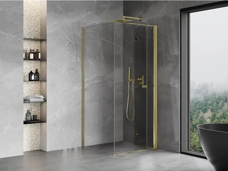 Mexen Mist-F T, 1-krídlový skladací sprchový kút pravý 95 x 95 cm, číre sklo, zlatý lesklý profil, 8A6T-095-095-50-00-P