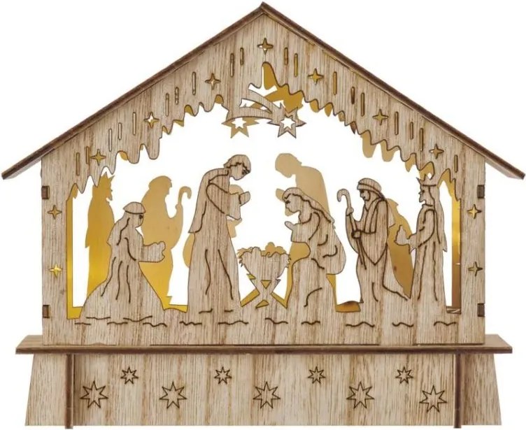 Drevený LED vianočný betlehem s časovačom Bethle 15 cm teplá biela