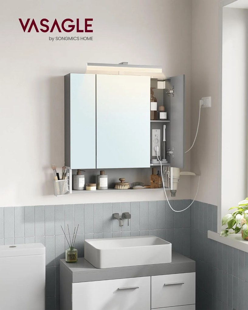 Koupelnová zrcadlová skříňka s LED osvětlením Vasagle Doris šedá