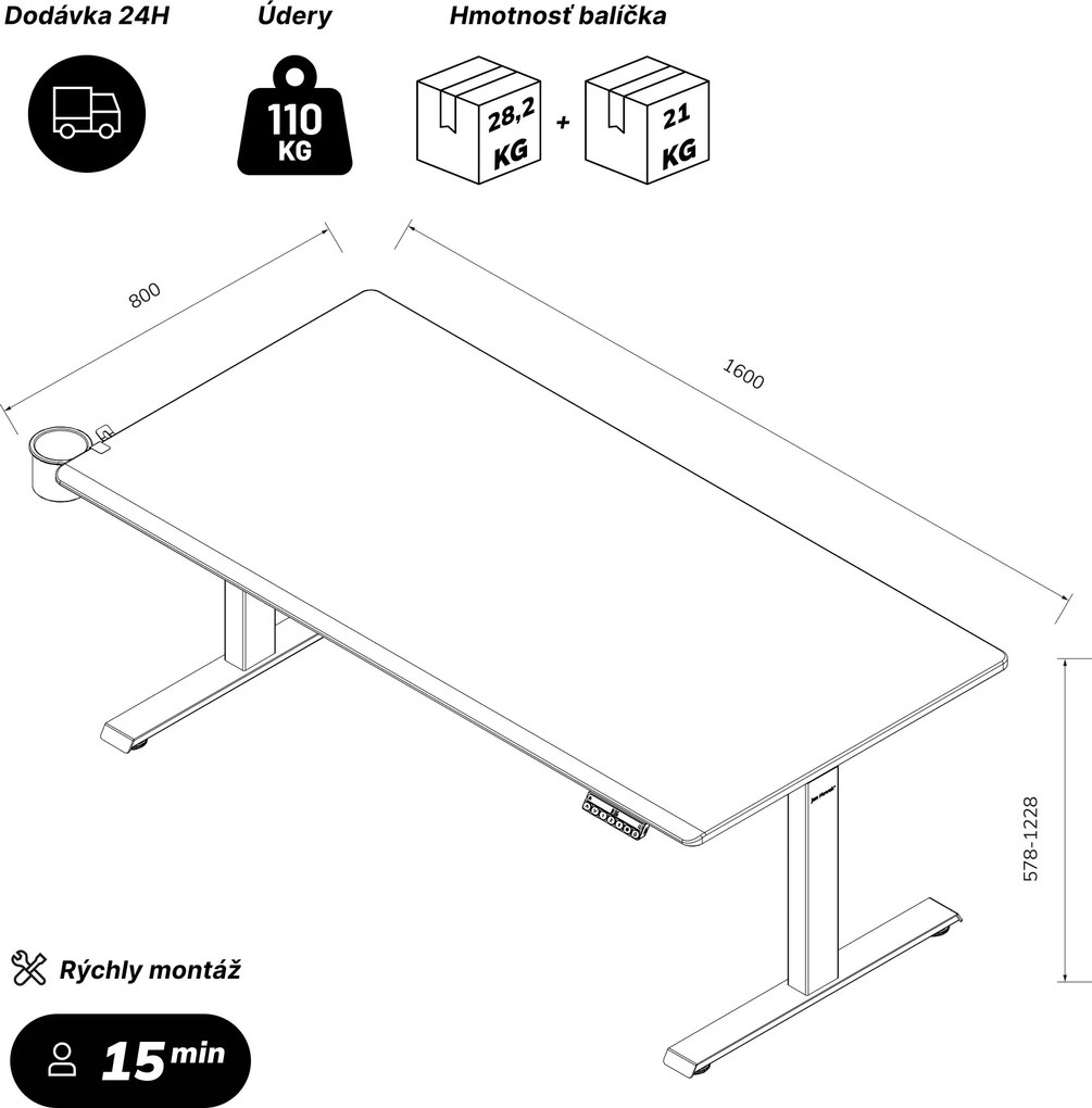 Elektrický stôl s nastavením výšky ergonomický antracitovo-bieli, 1600x800 mm: ARIA