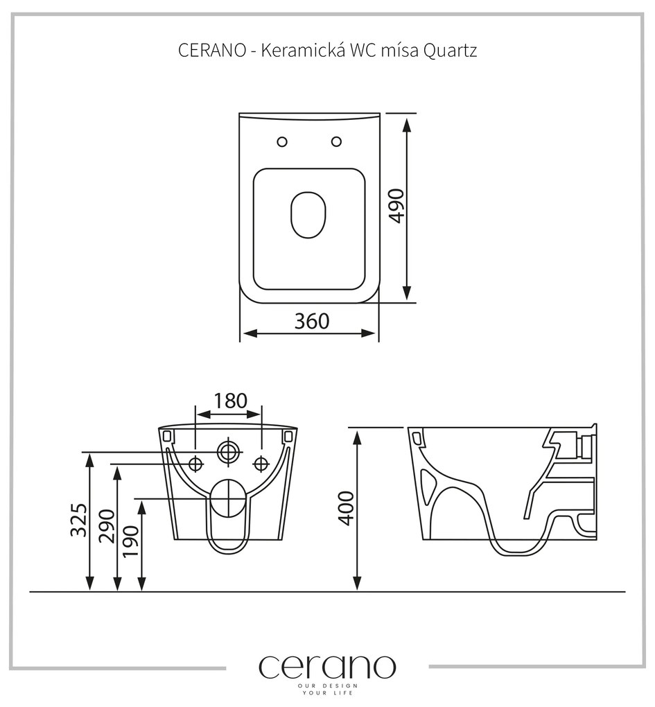 Cerano Quartz, závesná WC misa Rimless 49x36 cm + toaletné sedátko s pomalým zatváraním, biela lesklá, CER-CER-425590