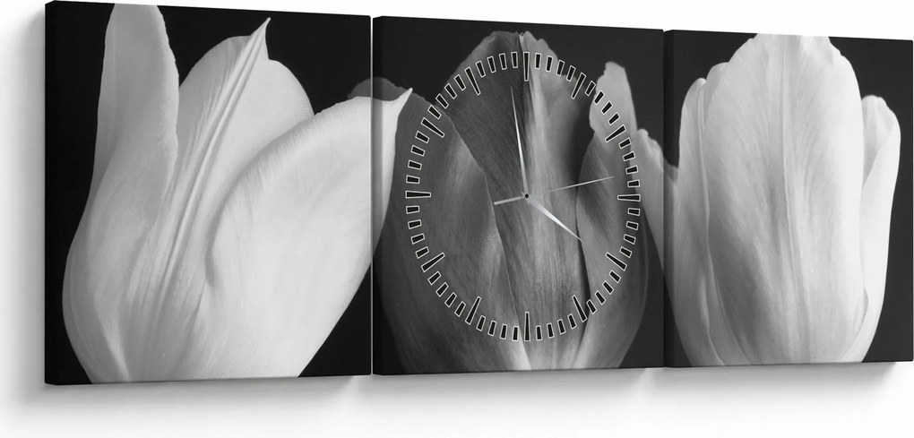 Obraz - Čiernobiele kvety tulipánov (s hodinami) (90x30 cm)