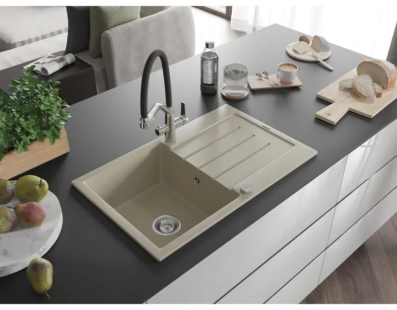 Mexen Bruno, 1-komorový granitový drez 795x495x200 mm a drezová batéria Duo, béžová, 6513-69-671701-07