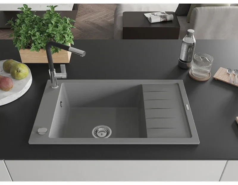 Mexen Elias, 1-komorový granitový drez 795x480x200 mm a drezová batéria Flora, šedá, 6511-71-670401-07
