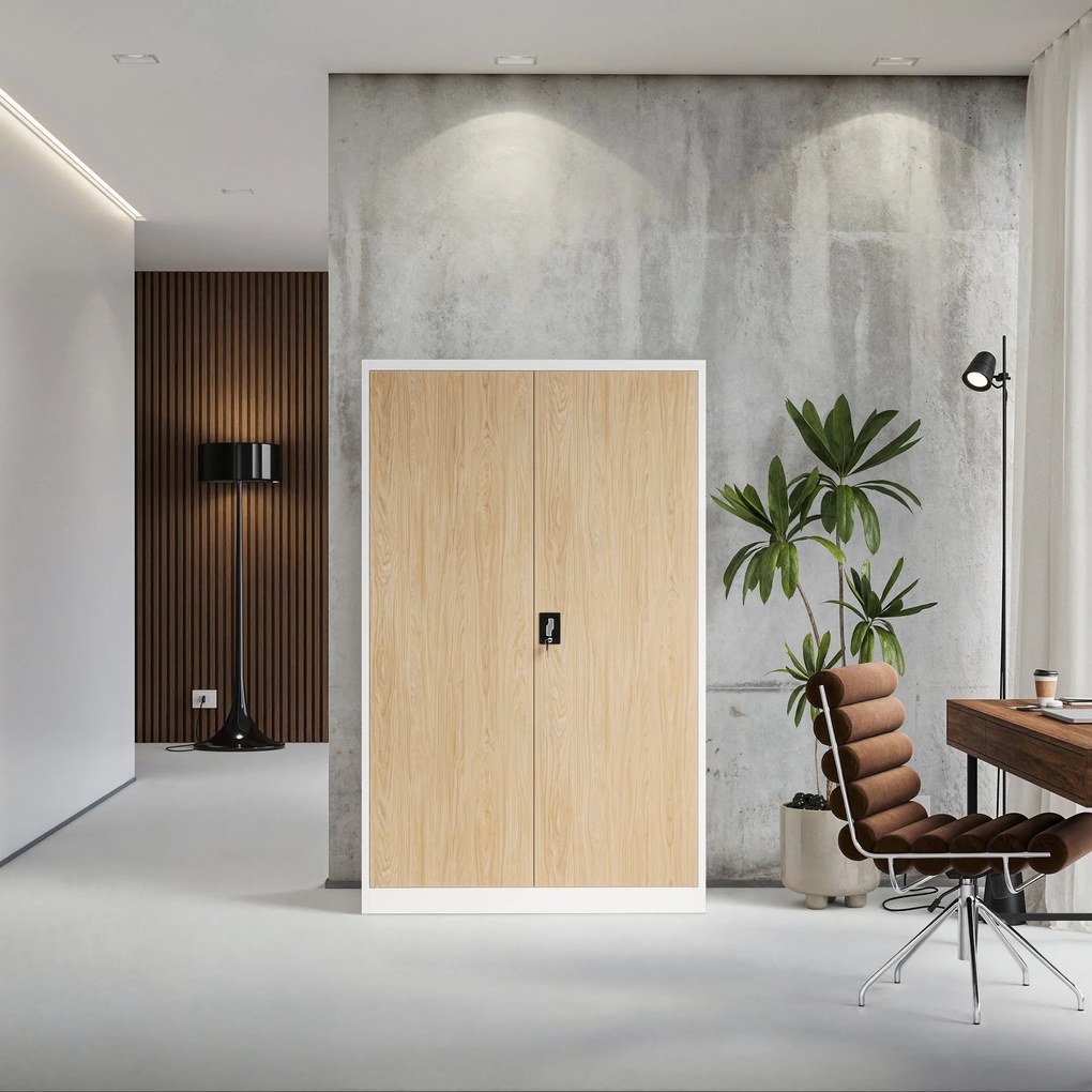 Kancelárska kovová skrinka na dokumenty JAN II, Eco Design: biela/dub sonoma