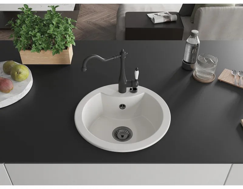 Mexen Diego, granitový drez 488x488x167 mm, 1-komorový a drezová batéria Carla, biela, 6512-20-670700-70