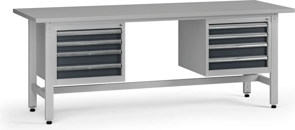 Výškovo nastaviteľný dielenský stôl G5, 2100 x 750 x 800-1000 mm, 2x kontajner, 8 zásuviek, grafit