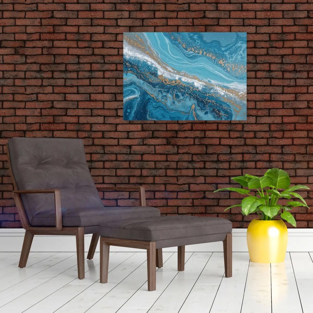 Sklenený obraz - Bledomodrý mramor so zlatom I. (70x50 cm)