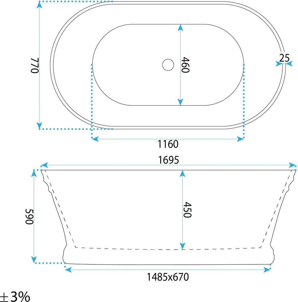 Rea Olivia, voľne stojaca 170x77 cm, biela, zlatý matný click-clack, KPL-W7507