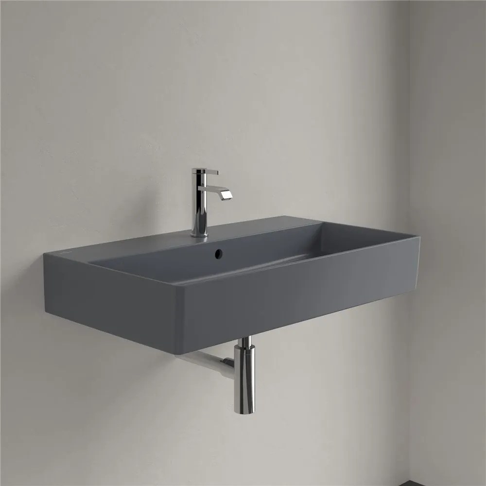 VILLEROY &amp; BOCH Memento 2.0 závesné umývadlo s otvorom (spodná strana brúsená), s prepadom, 800 x 470 mm, Graphite, s povrchom CeramicPlus, 4A228GI4