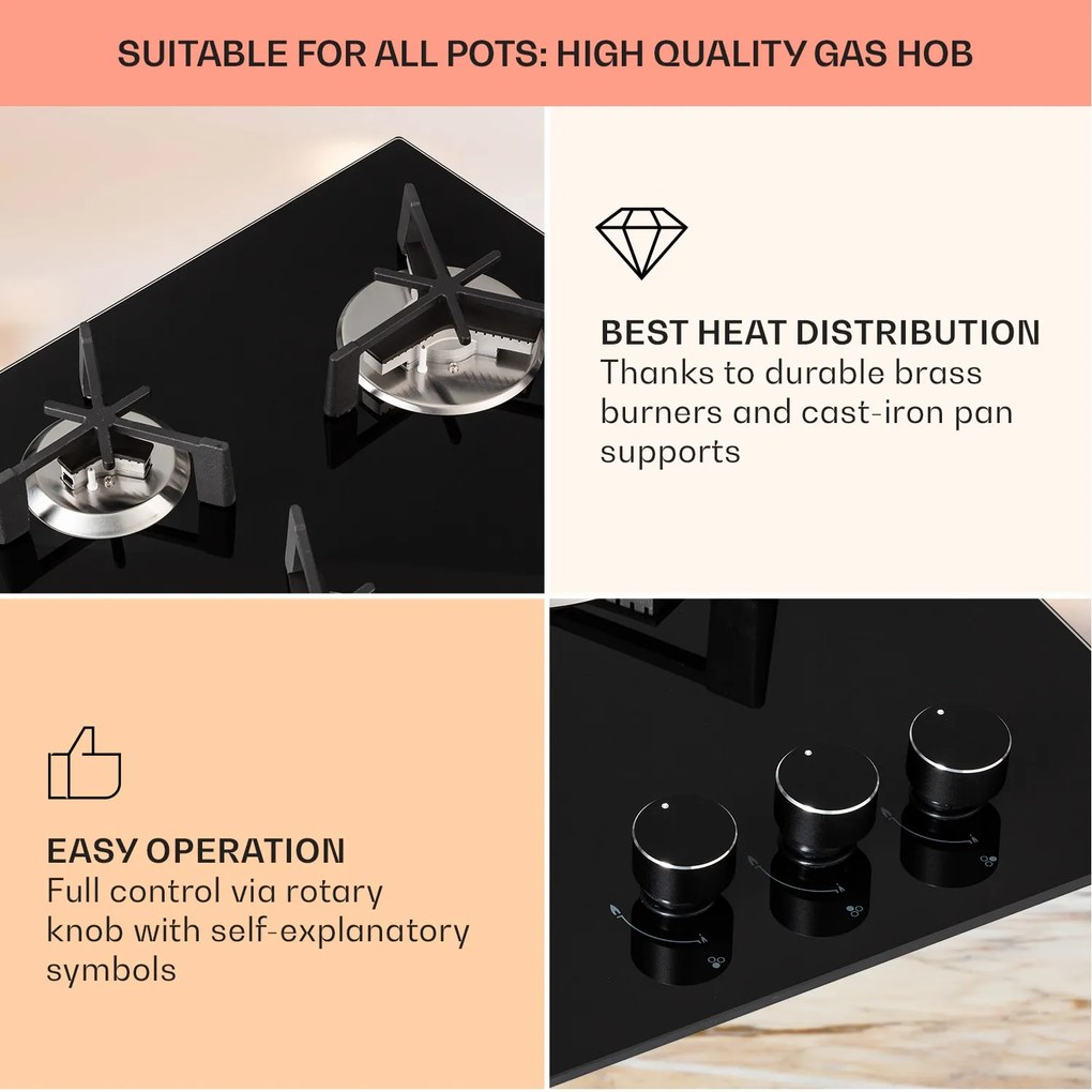 Klarstein Trifecta 3, plynová varná doska, 3 horáky, veľký, normálny a pomocný horák, sklokeramika