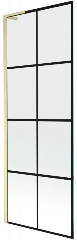 Mexen Next L, 1-krídlová vaňová zástena 70 x 150 cm, 6mm číre sklo-čierny vzor, zlatý matný profil, 895-070-000-03-77-55