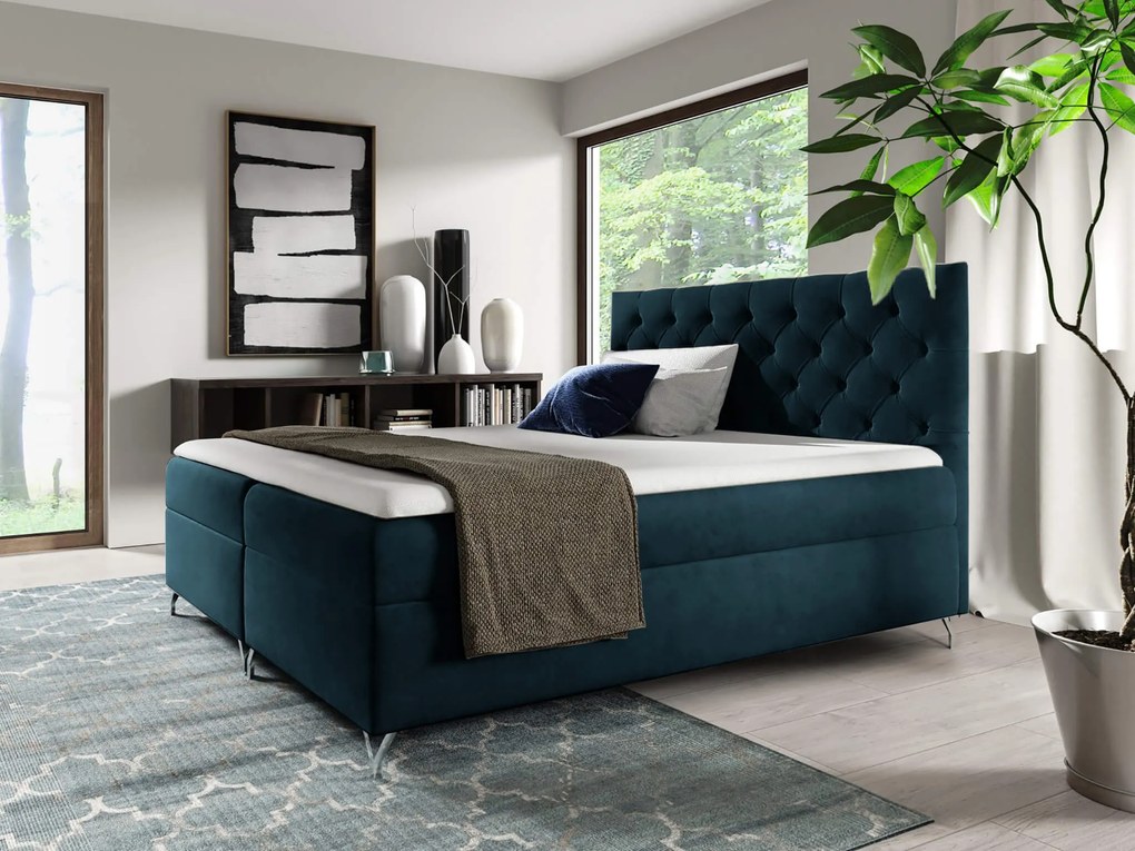 GR Čalúnená boxspring manželská posteľ Guliette s matracom - tmavomodrá Rozmer: 140x200