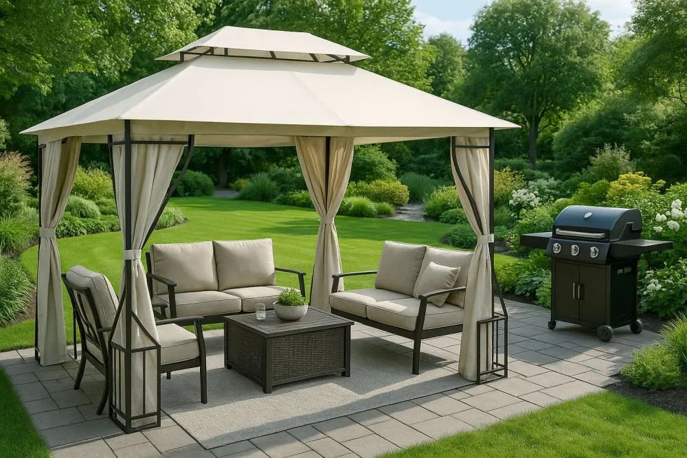 Záhradný pavilónový stan 4x3m - béžový - plné steny