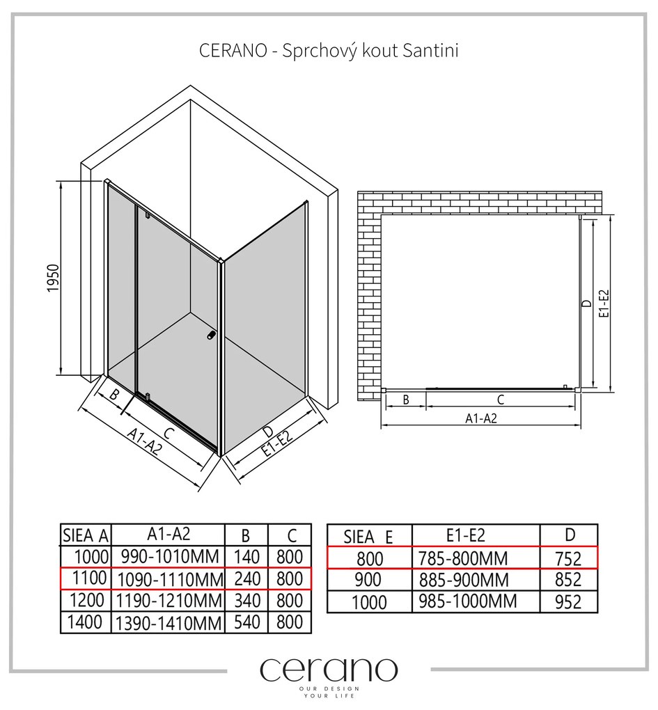 Cerano Santini, sprchovací kút s krídlovými dverami 110(dvere) x 80(stena) x 195 cm, 6mm číre sklo, chrómový profil, CER-CER-426226