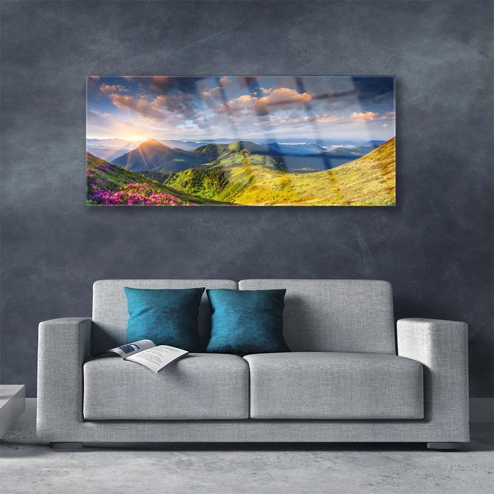 Obraz plexi Hory slnko lúka krajina 125x50 cm
