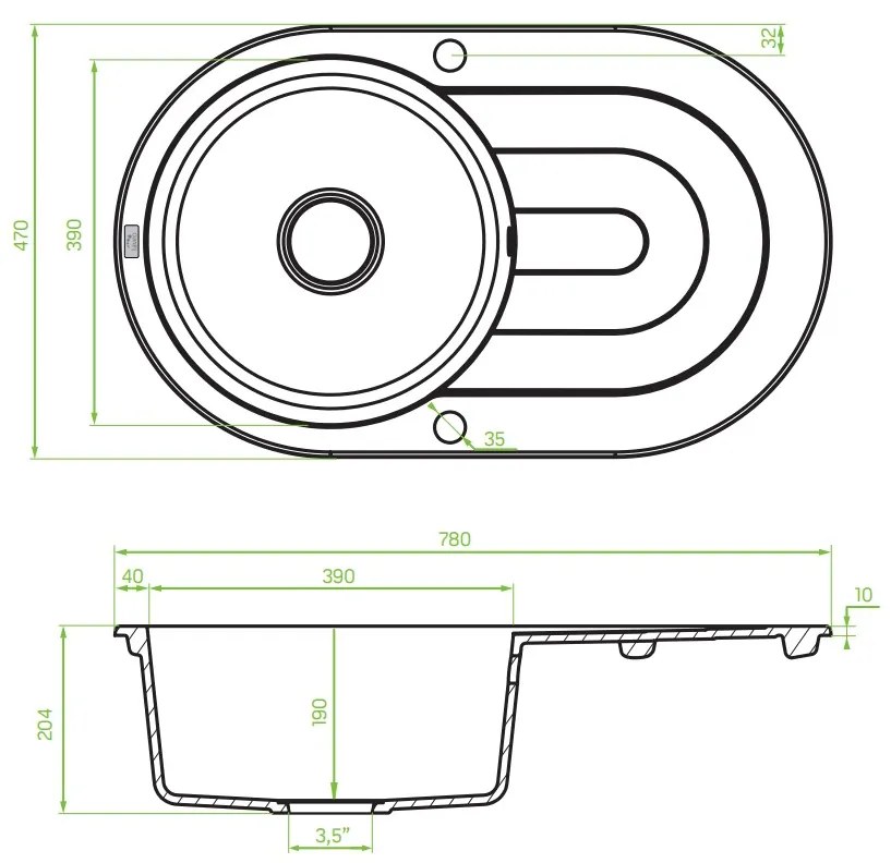 Laveo Dafne, 1-komorový granitový drez 780x470x204 mm, šedá, LAV-SBD_581T