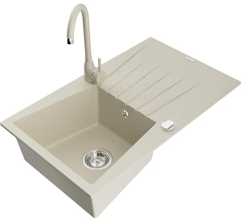 Mexen Cesar, 1-komorový granitový drez s odkvapkávačom 78x47 cm a kuchynskou batériou Telma, béžová, 6514-69-670200-69