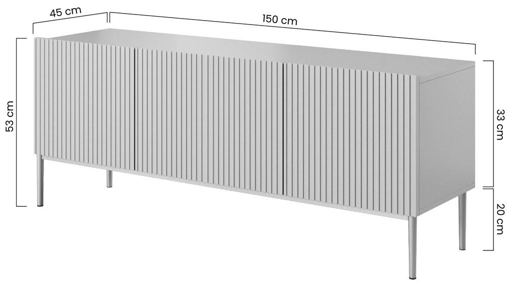 TV stolík Nicole 150 cm na kovových nohách so zásuvkou - čierny mat / čierne nohy