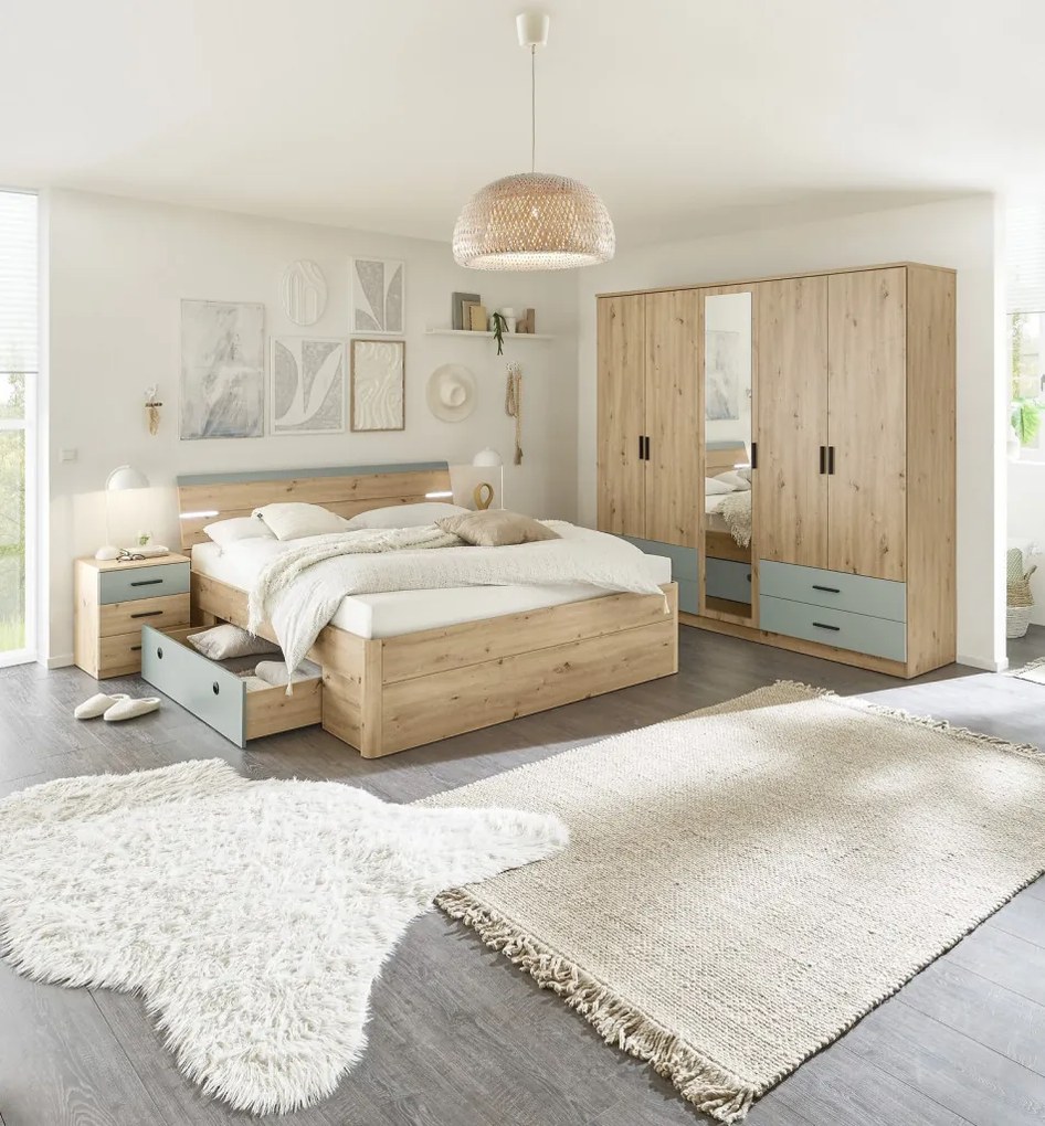 Šatníková skriňa so zrkadlom Savina 225 cm, dub artisan/šalviová