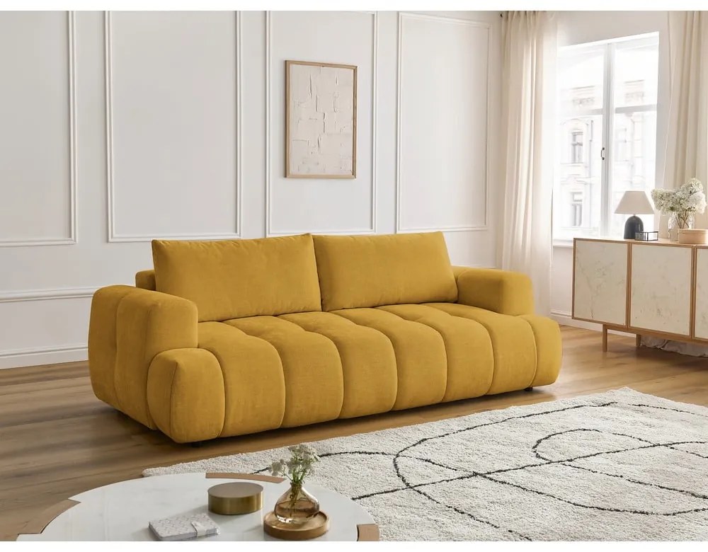 Rozkladacia/s úložným priestorom pohovka v horčicovej farbe 251 cm Fuji – Bobochic Paris