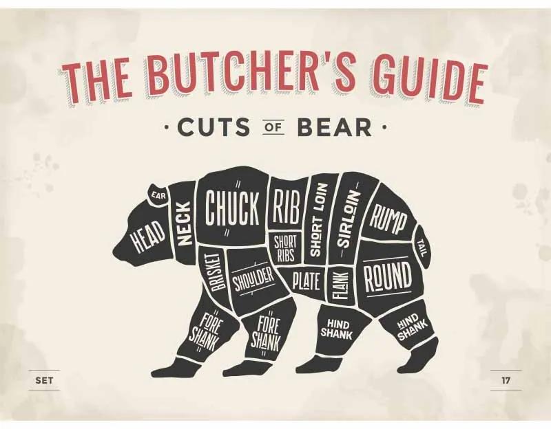 Ceduľa The Butchers Guide - Cuts of Bear 40 x 30 cm