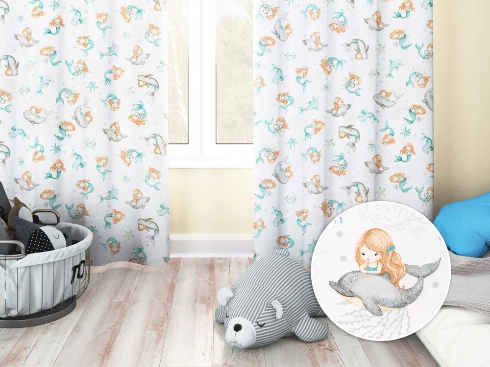 Biante Detský bavlnený záves Sandra SA-691 Modrozelené morské panny s delfínmi a veľrybami na bielom 150x230 cm