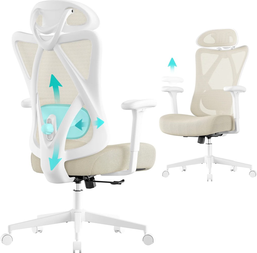 SONGMICS ergonomická kancelárska stolička, výškovo nastaviteľná, bielo-béžová