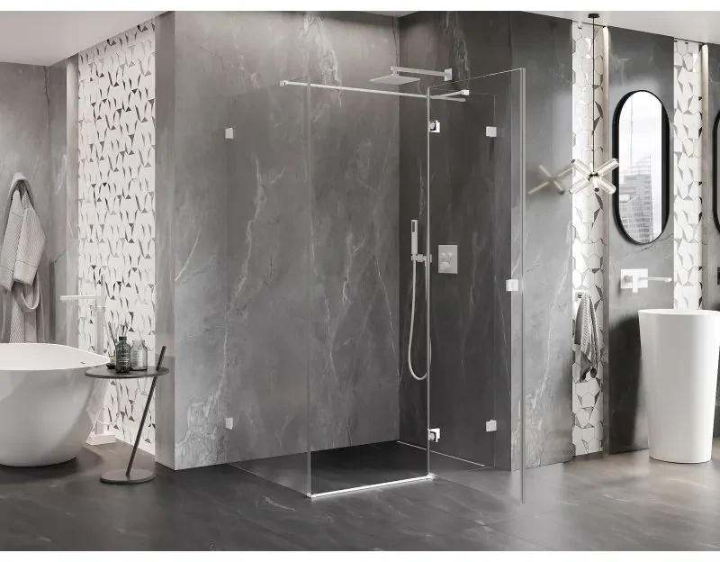 Mexen Lunar T, pravý výklopný sprchový kút 140 x 120 cm, 8mm číre sklo, biely profil, 834T-140-120-20-00-P