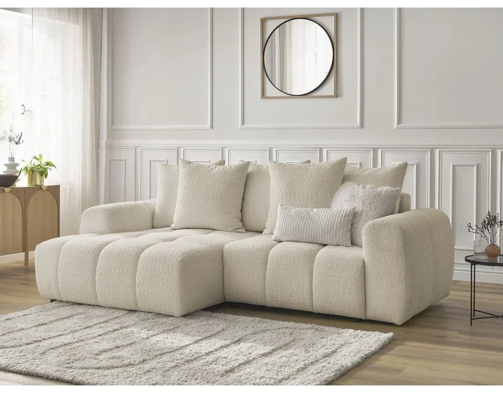 Béžová rozkladacia/s úložným priestorom rohová pohovka z textílie buklé (ľavý roh/s leňoškou) Roxelane – Bobochic Paris