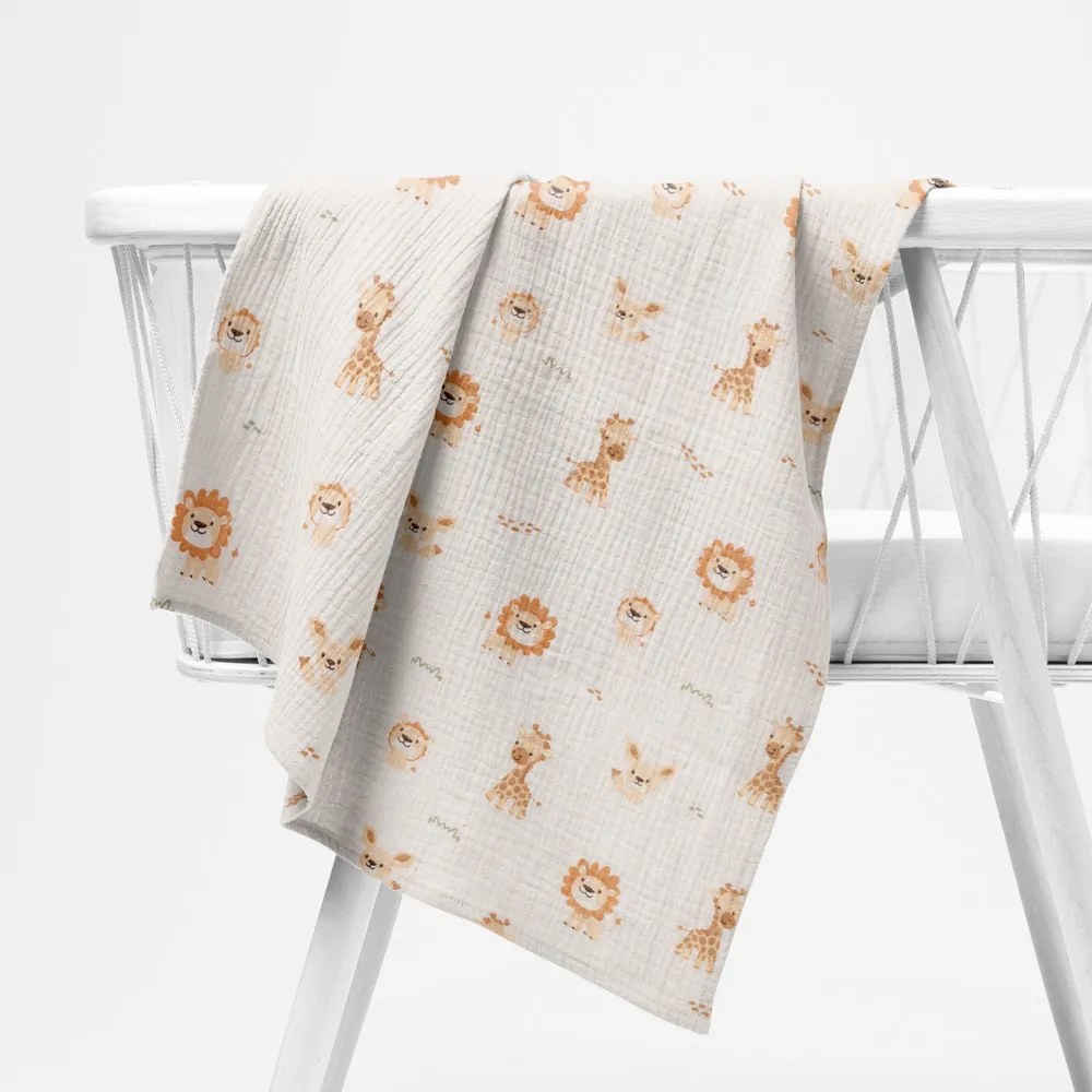 Biante Mušelínová plienka/dečka Nature MSN-084 Safari zvieratká na krémovo bielom - ZVÝHODNENÁ SADA 3 KS 100x100 cm - Sada 3 ks