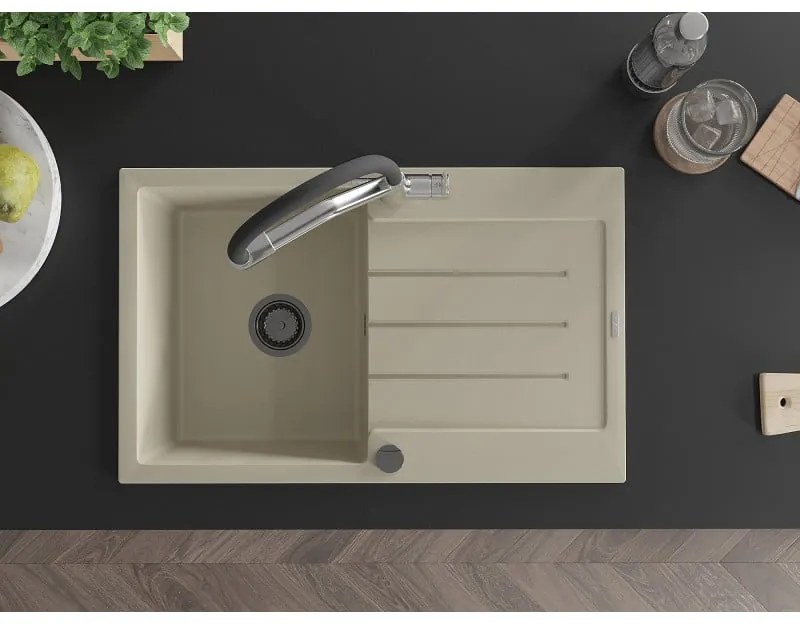 Mexen Bruno, 1-komorový granitový drez 795x495x200 mm a drezová batéria Duo, béžová, 6513-69-671701-07-B