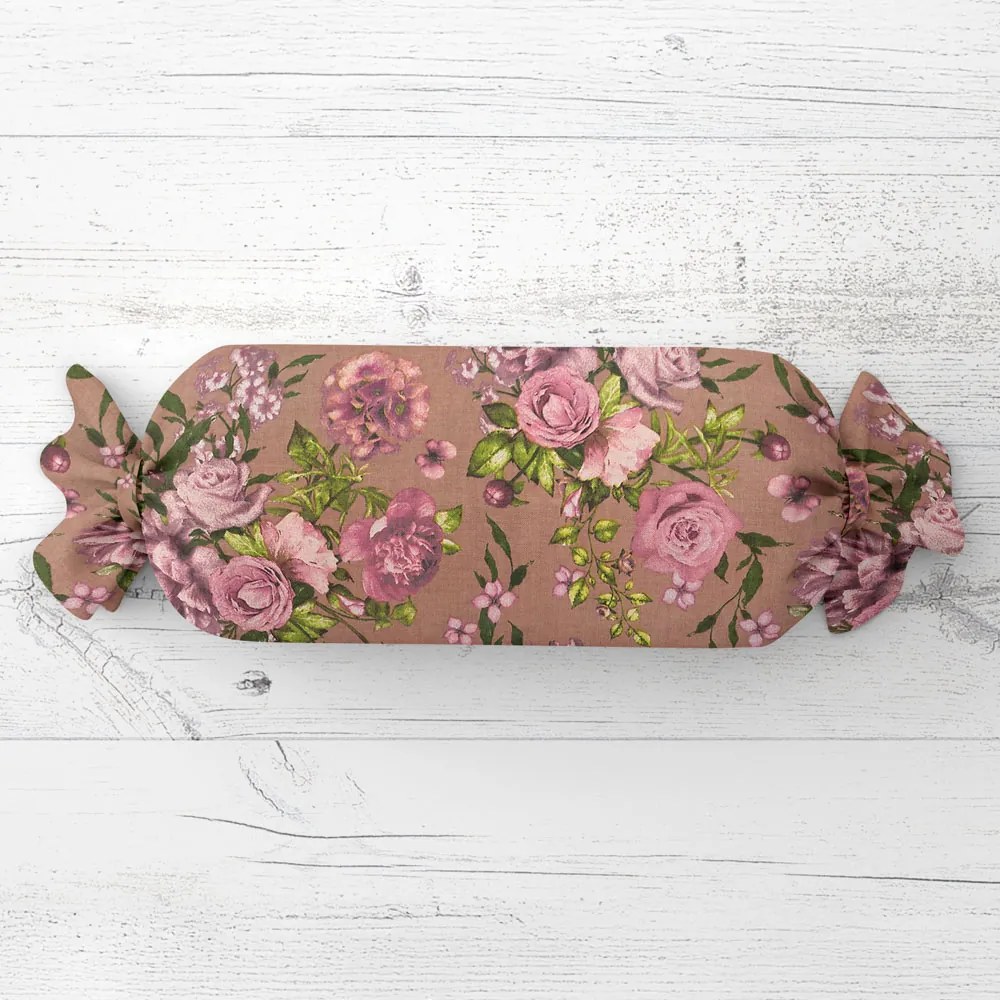 Biante Vankúš valec bonbon Sandra SA-554 Ruže a hortenzie na hnedom 15x80 cm