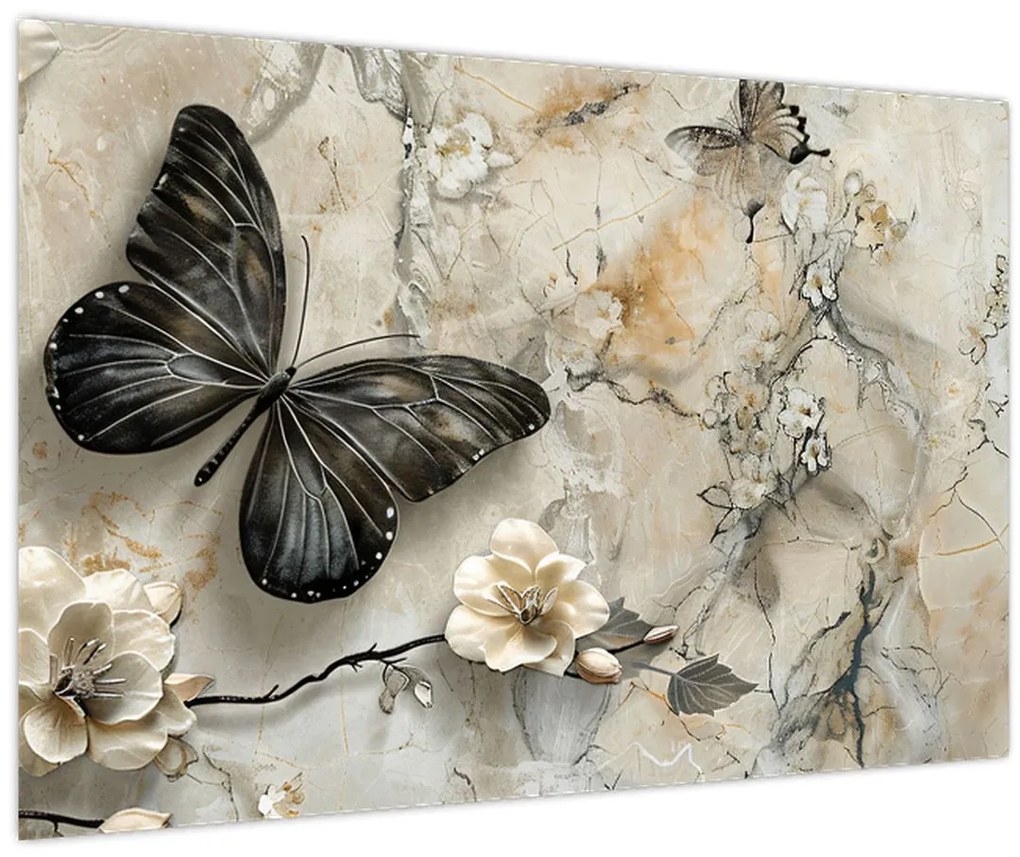 Obraz - Mramorové pozadie s motýľmi (90x60 cm)