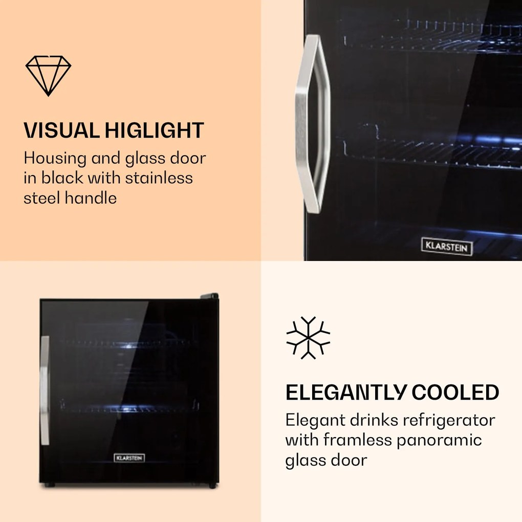 Klarstein Beersafe L Onyx, chladnička, energet. trieda E, LED, kovové police, sklenené dvere, čierna