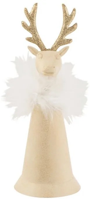 Zlatý plechový zvonček s pierkami a hlavou jeleňa - Ø 7 * 18 cm