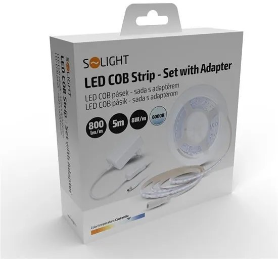 SOLIGHT COB LED pásik, sada s adaptérom, vypínač, 5m, 8W/m, 800lm/m, denná modrá