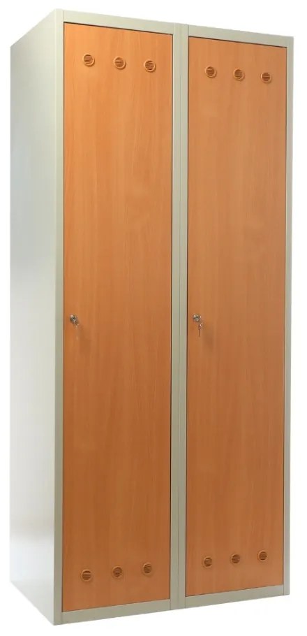 Kovová šatníková skrinka s drevenými dverami, 80 x 50 x 180 cm, cylindrický zámok, buk