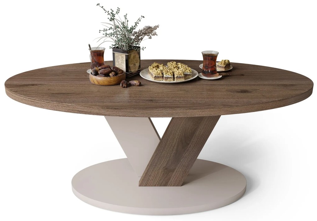 LOVA Orech Elegant/Béž Taupe - OVÁLNY KONFERENČNÝ STOLÍK 110 × 60 cm MODERNÝ KÁVOVÝ STOLÍK