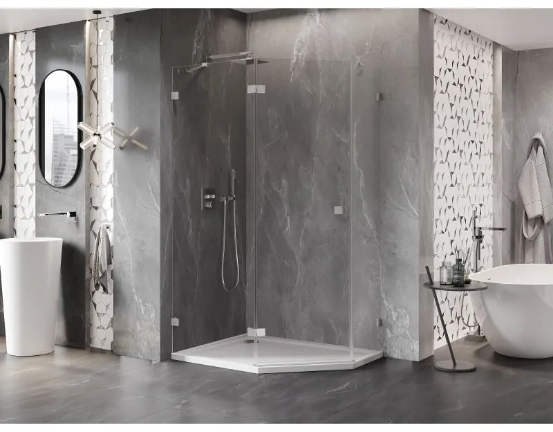 Mexen Lunar, päťuholníkový sprchový kút naklápací doľava 90 x 80 cm, 8mm číre sklo, oceľový profil, 831-090L-080P-97-00-L