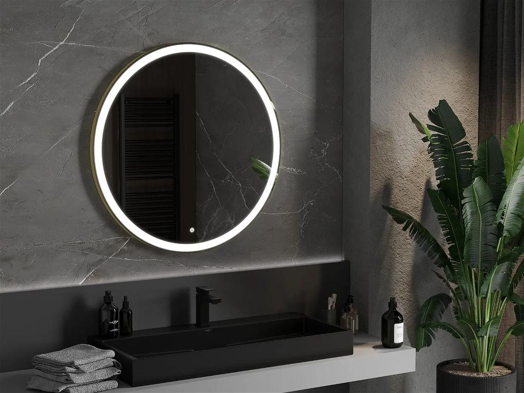 Mexen Esso, okrúhle LED podsvietené kúpeľňové zrkadlo 90 cm, 6000K, vykurovacia podložka proti zahmlievaniu, zlatý rám, 9825-090-090-611-50