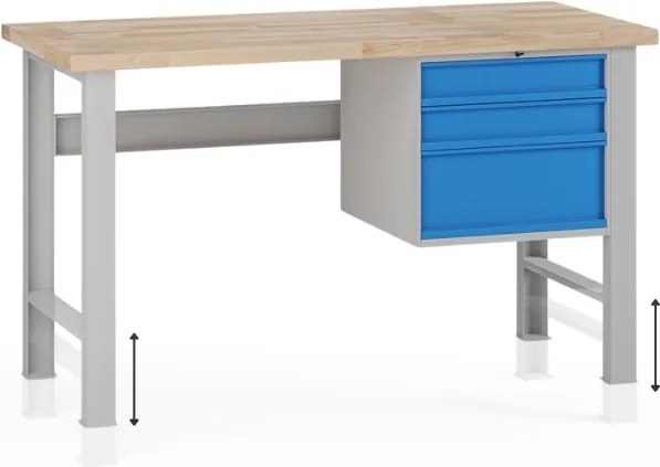 Výškovo nastaviteľný dielenský stôl G7, buková škárovka, 1500 x 685 x 840-1040 mm, 1x kontajner, 3 zásuvky, modrá