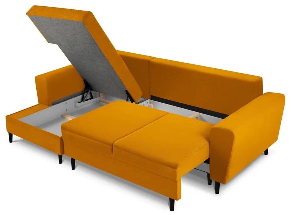Menčestrová rozkladacia/s úložným priestorom rohová pohovka v horčicovej farbe (ľavý roh/s leňoškou) Kyoto – Cosmopolitan Design