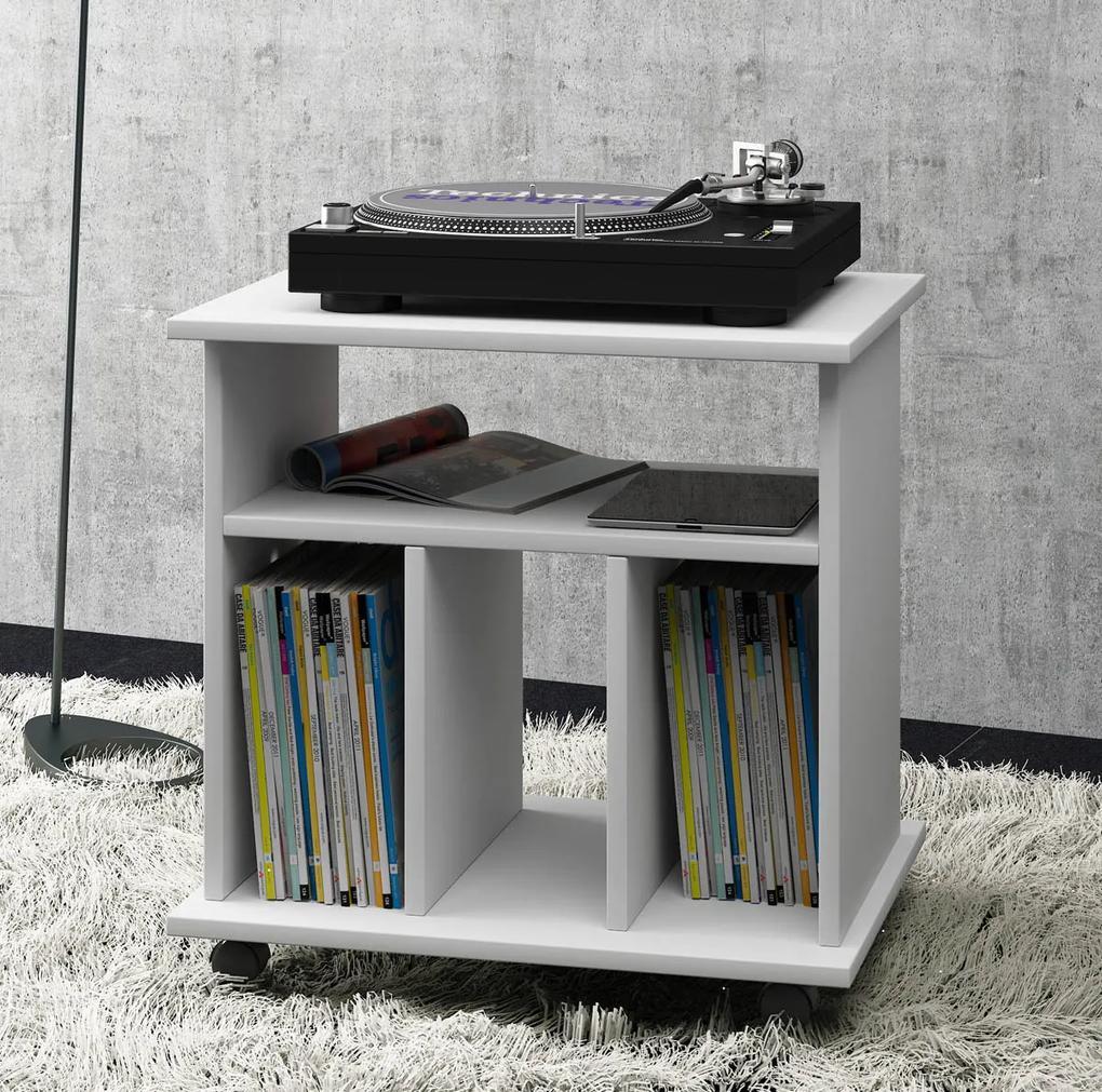 Pojazdný stolík na gramofón + LP, biely